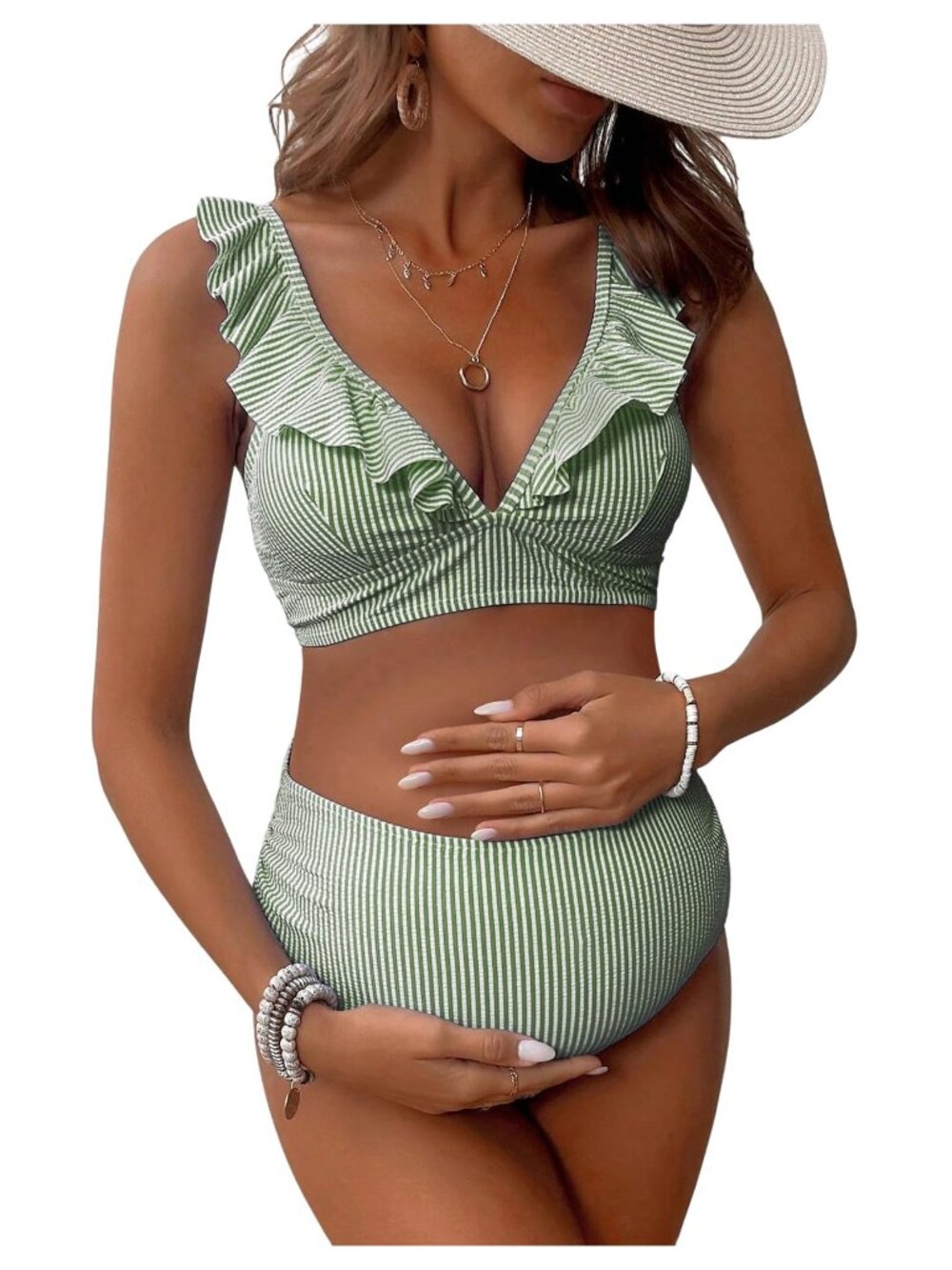 Maternity Striped Print Ruffle Trim V Neck 2 Piece Bathing Suit  N9455